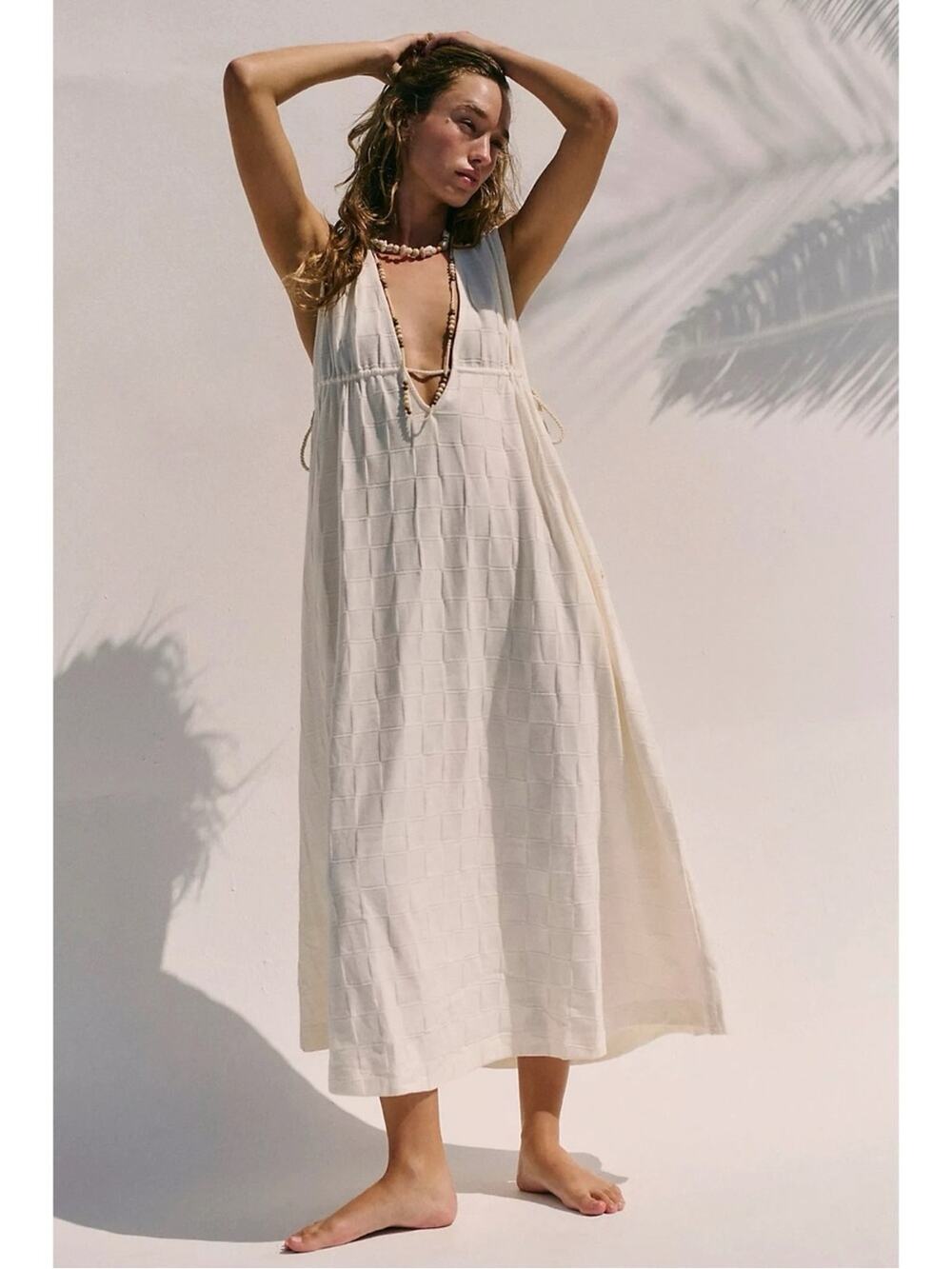 Free People XL Bohemian Beachy Billowy Beaded Neutral Tidebreaker Midi Dress NWT